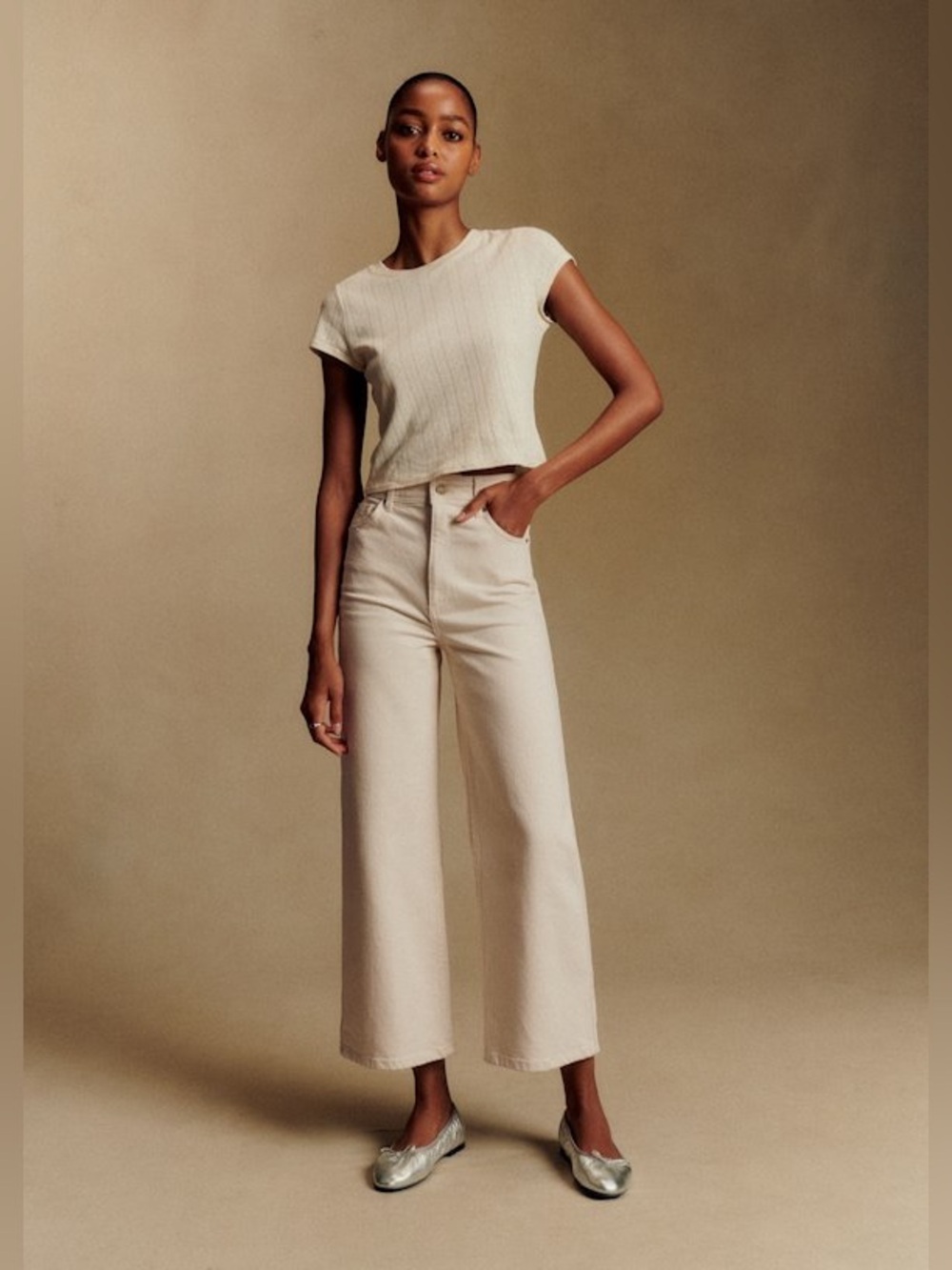 Sezane Neutral Cream Cropped Wide-Leg Jeans NWOT